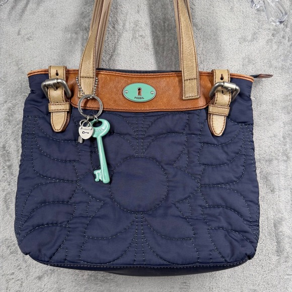 Fossil Quilted Tote Bag Navy Blue Leather Trim Floral Accent Key Charm - Picture 3 of 14